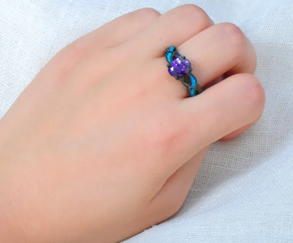 Purple Amethyst Black Gold Filled Fire Opal Ring