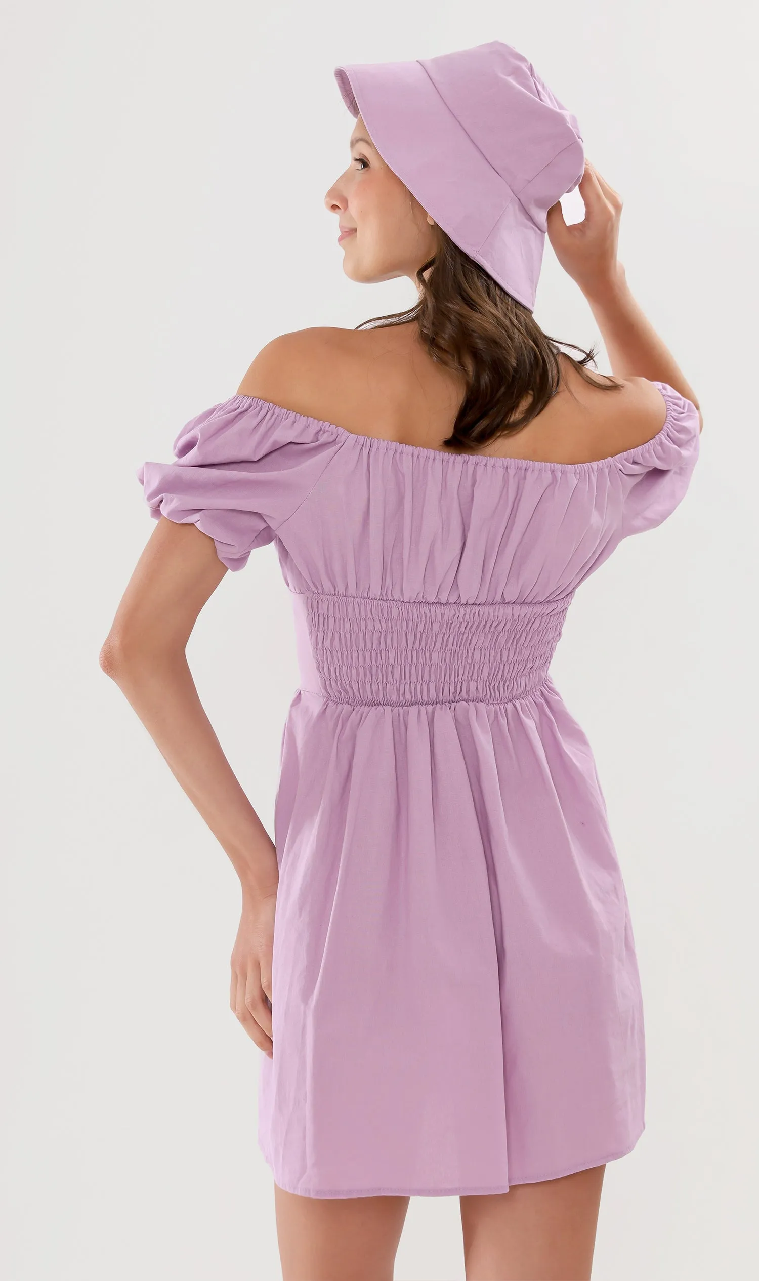 QUINCY Ruched Puff-Sleeve Dress w/ Hat (Lilac)