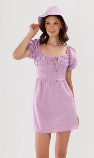 QUINCY Ruched Puff-Sleeve Dress w/ Hat (Lilac)
