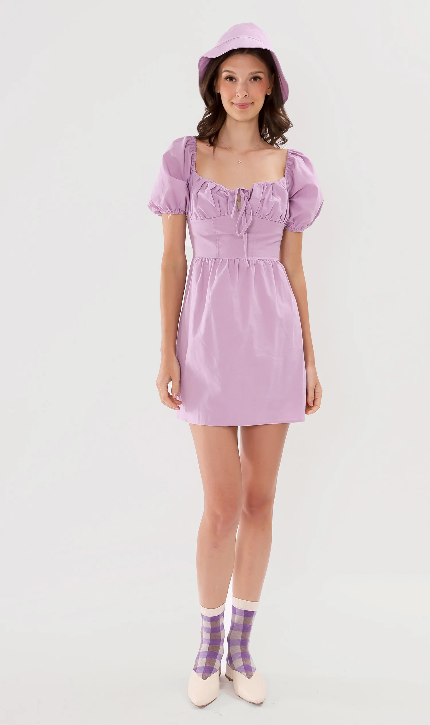 QUINCY Ruched Puff-Sleeve Dress w/ Hat (Lilac)