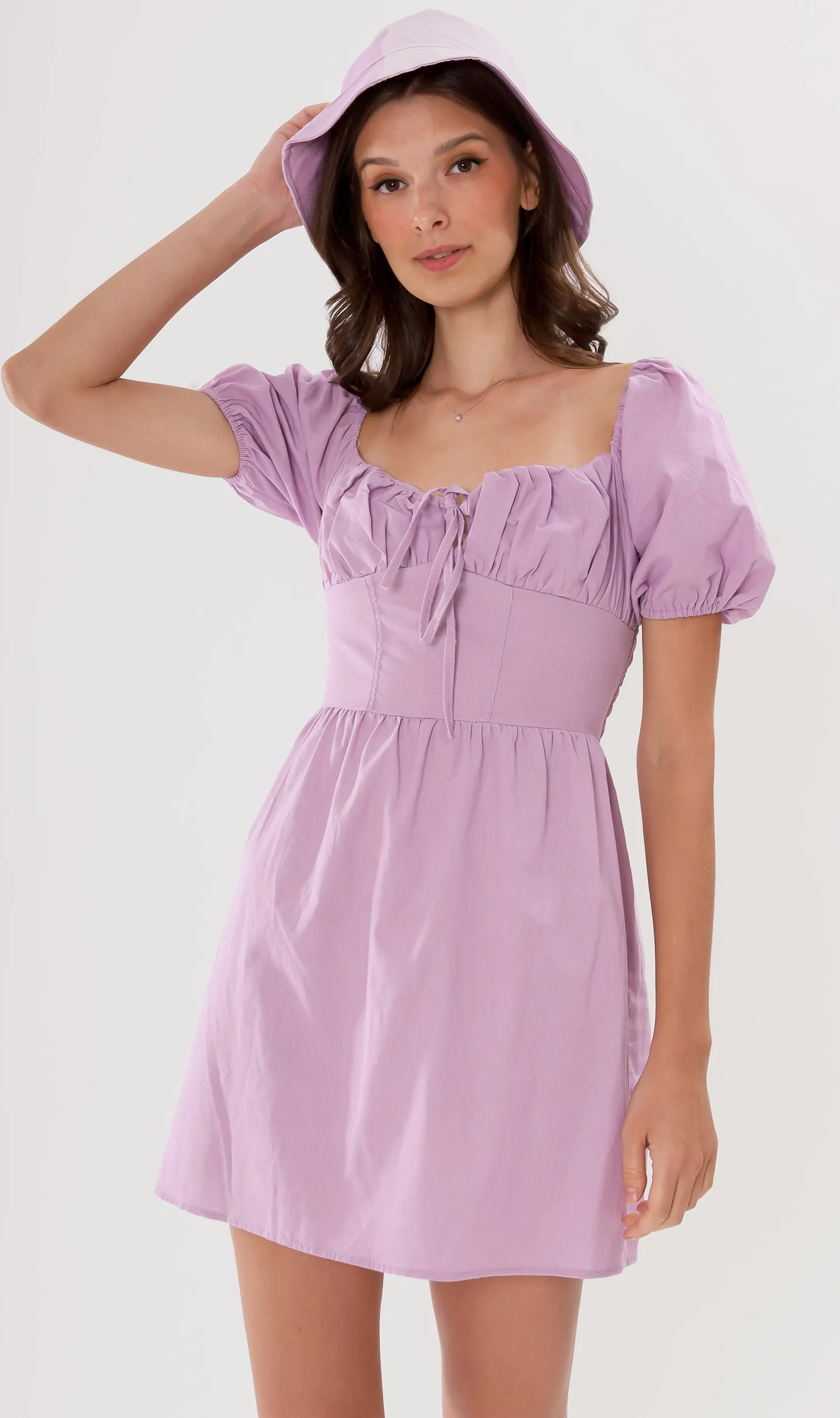 QUINCY Ruched Puff-Sleeve Dress w/ Hat (Lilac)