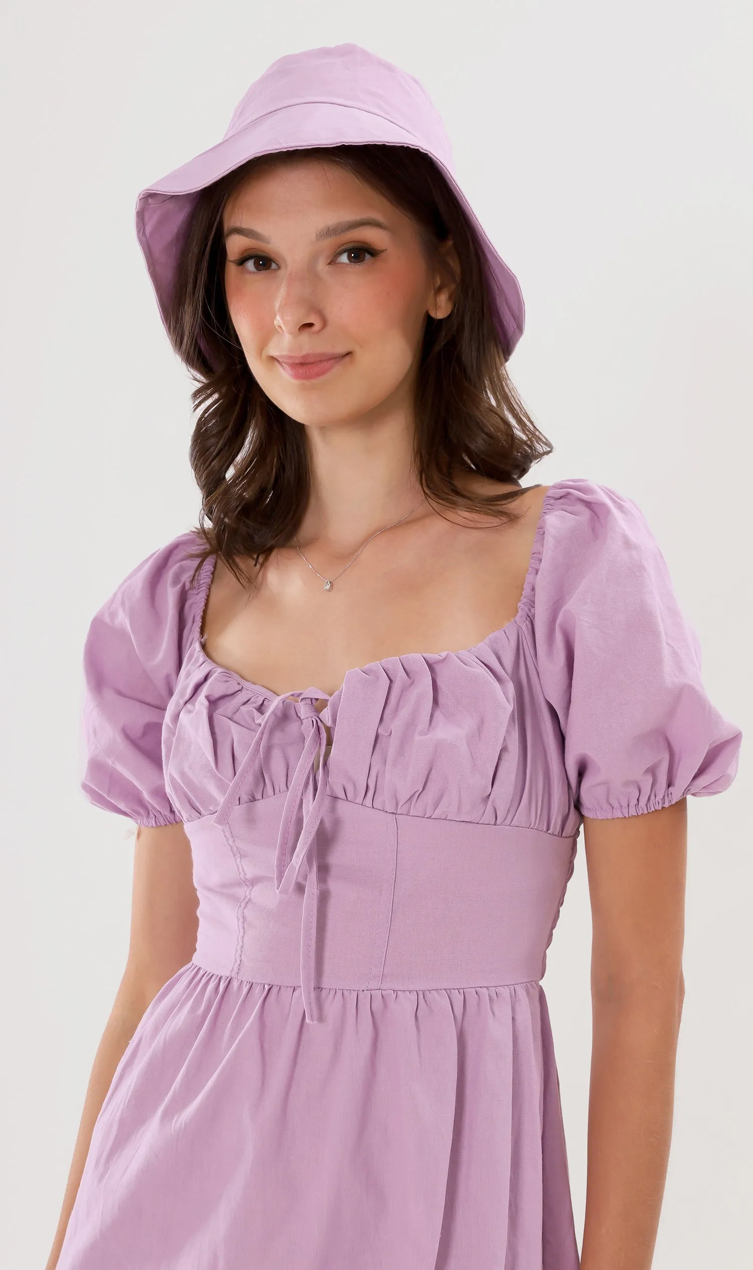 QUINCY Ruched Puff-Sleeve Dress w/ Hat (Lilac)
