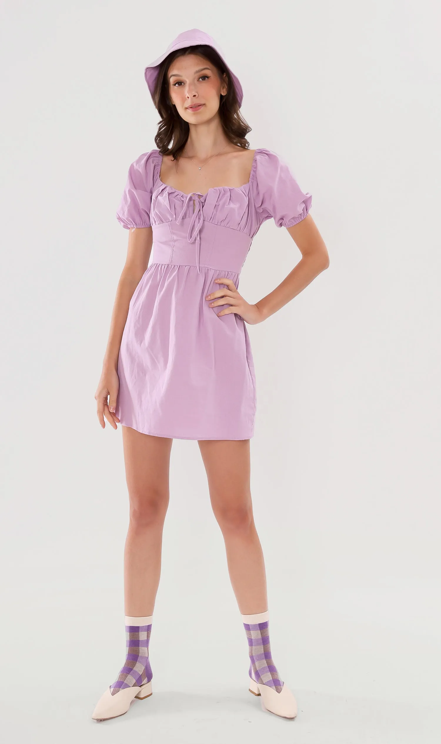 QUINCY Ruched Puff-Sleeve Dress w/ Hat (Lilac)