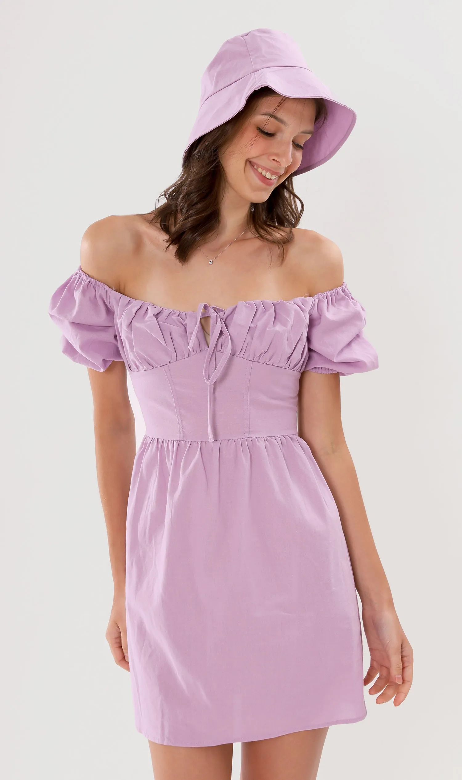QUINCY Ruched Puff-Sleeve Dress w/ Hat (Lilac)