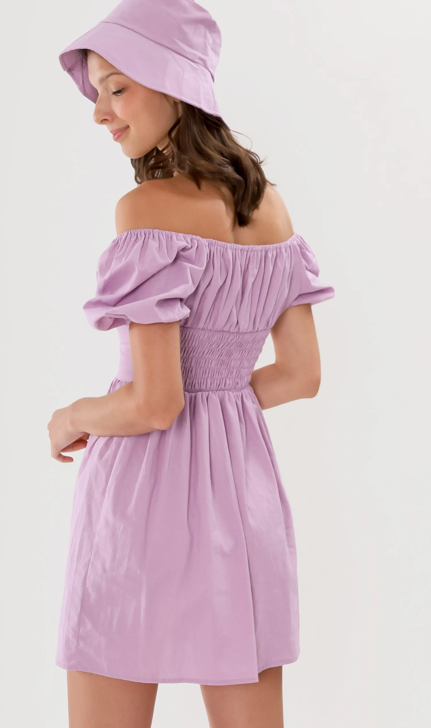 QUINCY Ruched Puff-Sleeve Dress w/ Hat (Lilac)