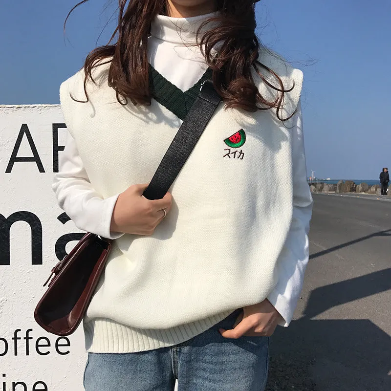 "EMBROIDERED FRUITS V-NECK" KNIT SWEATER VEST K082805