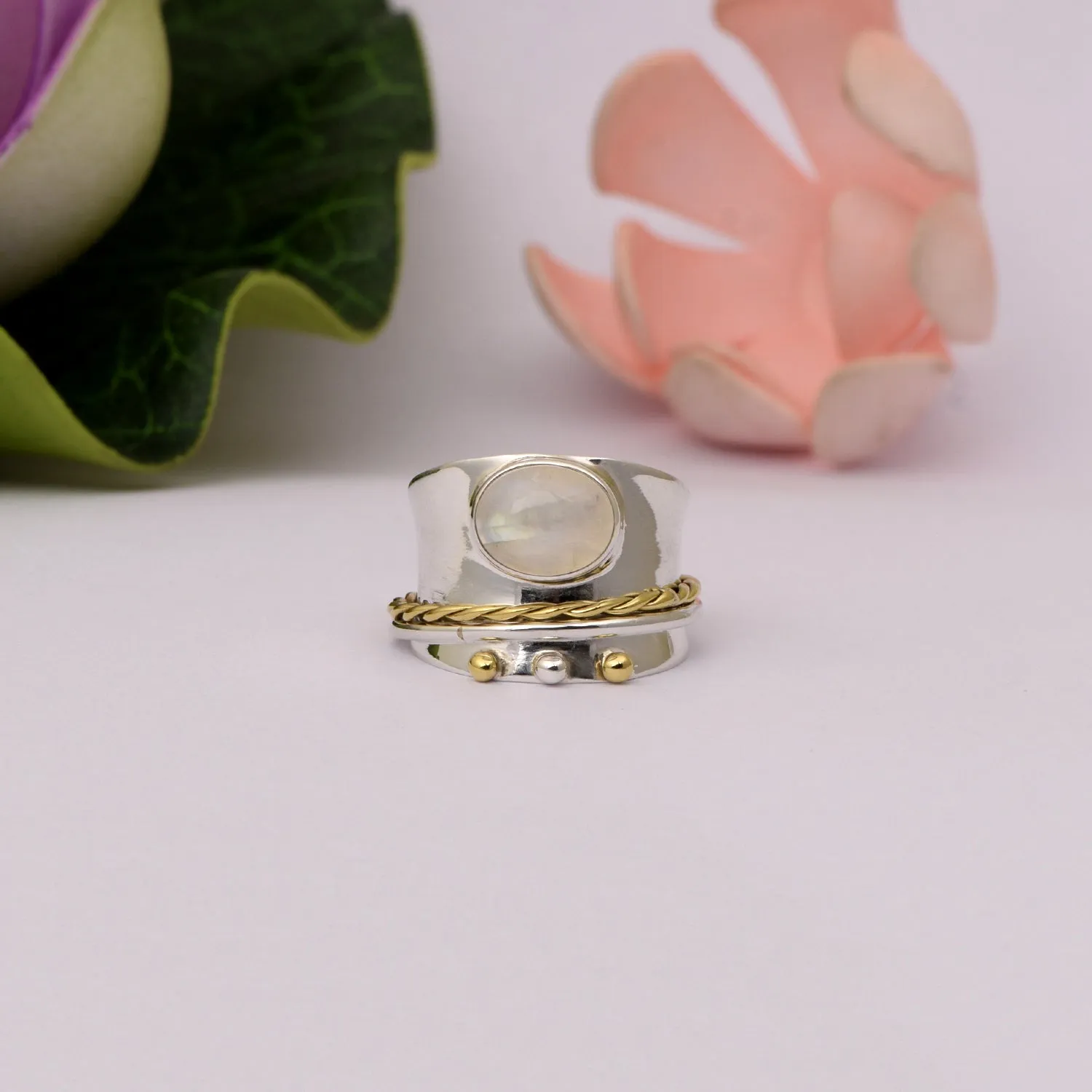 Rainbow Moonstone Meditation Spinner Ring