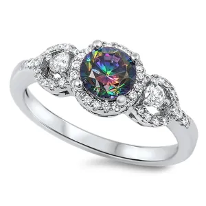 Rainbow Topaz CZ Halo Wedding Promise Ring .925 Sterling Silver Band Sizes 5-10