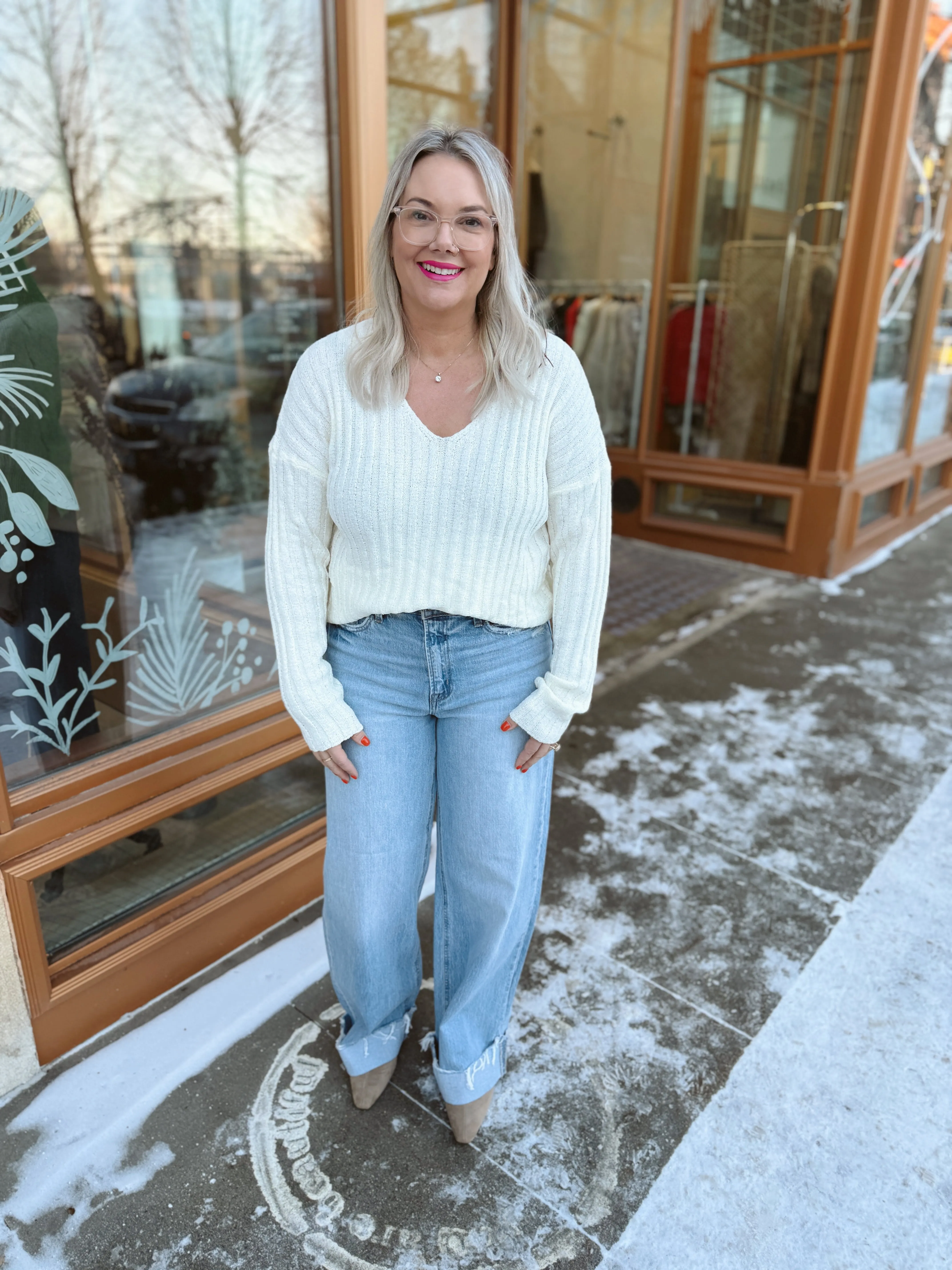 Raised Rib V Neck Sweater-Ivory