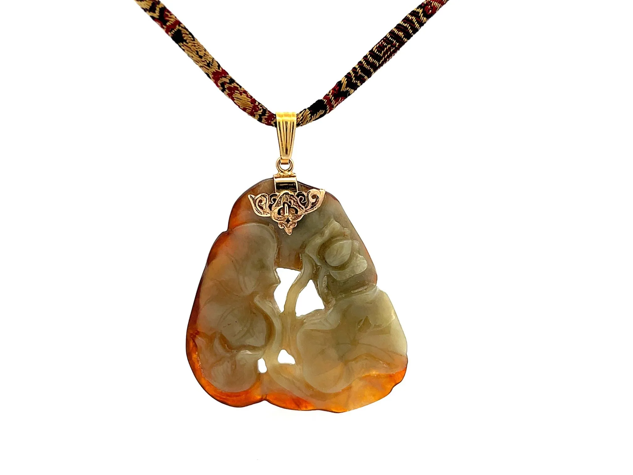 Rare Mings Carved Nephrite Jade Pendant and Cord in 14k Yellow Gold