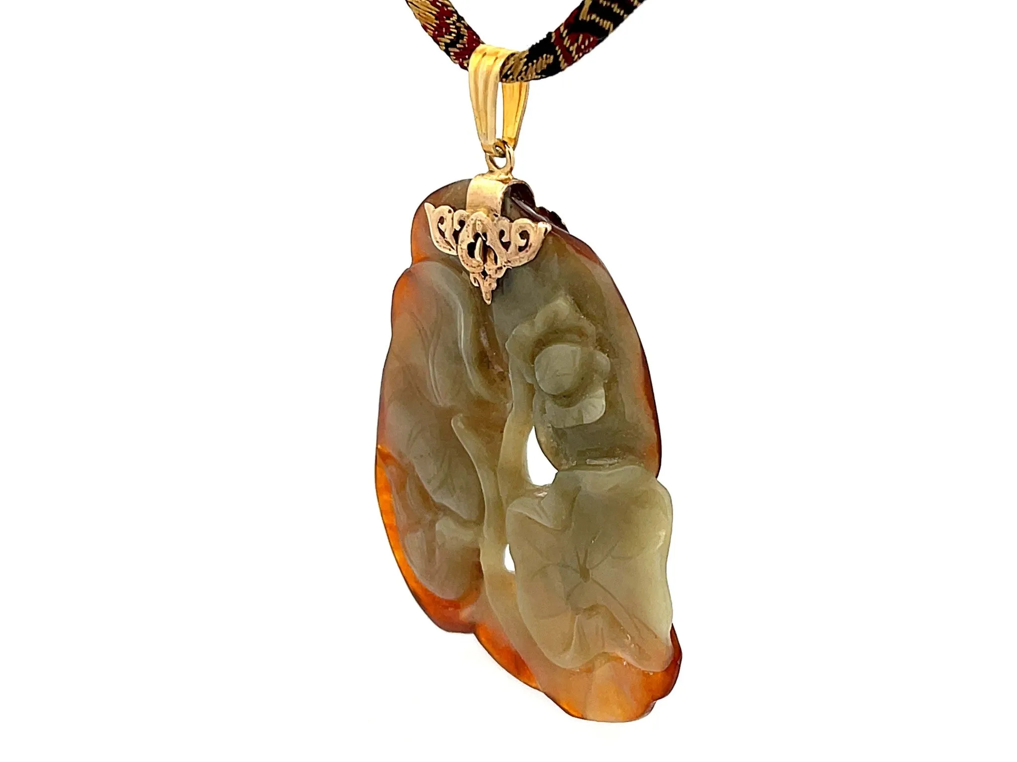 Rare Mings Carved Nephrite Jade Pendant and Cord in 14k Yellow Gold