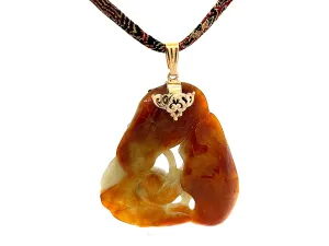 Rare Mings Carved Nephrite Jade Pendant and Cord in 14k Yellow Gold