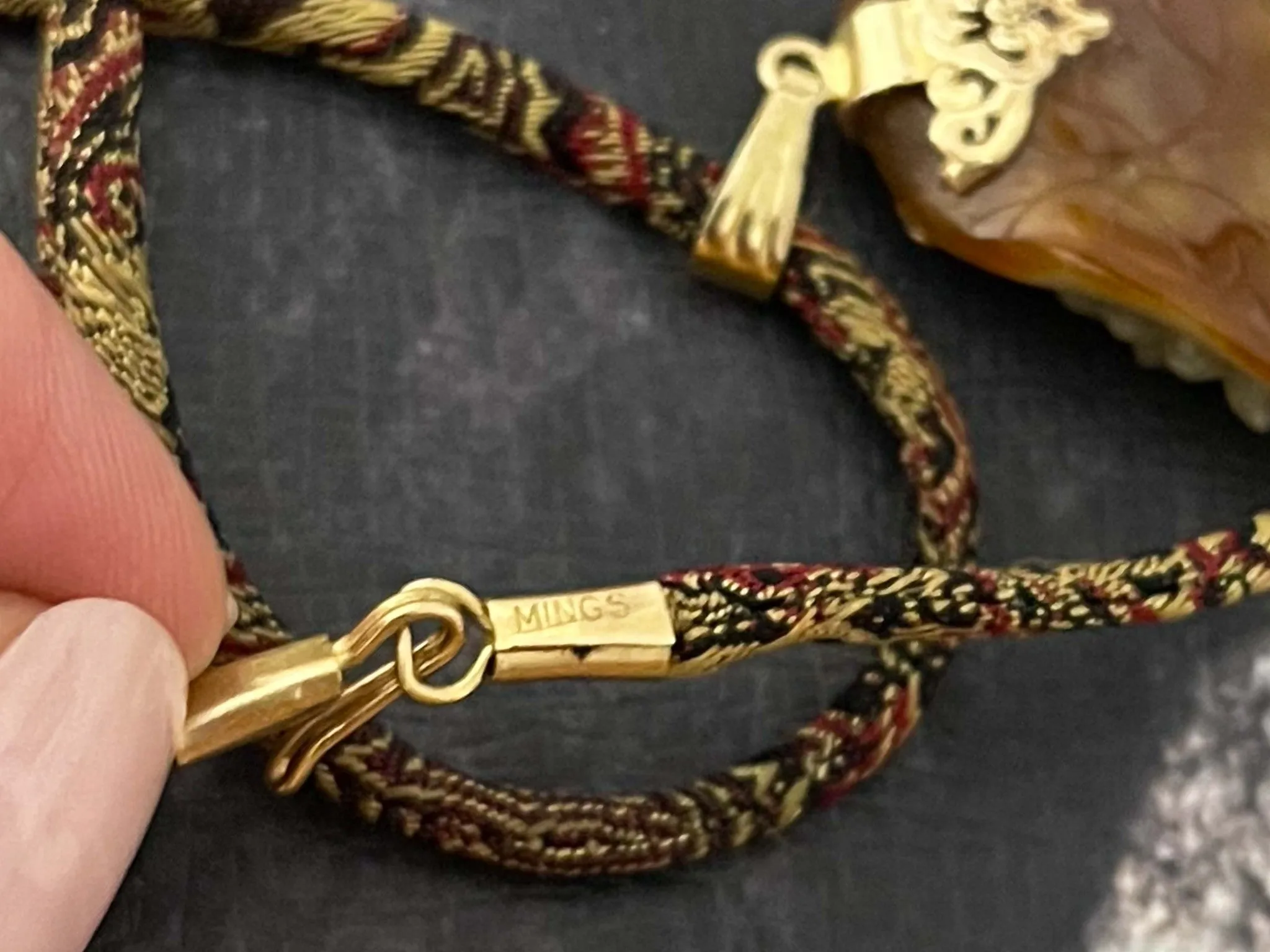 Rare Mings Carved Nephrite Jade Pendant and Cord in 14k Yellow Gold