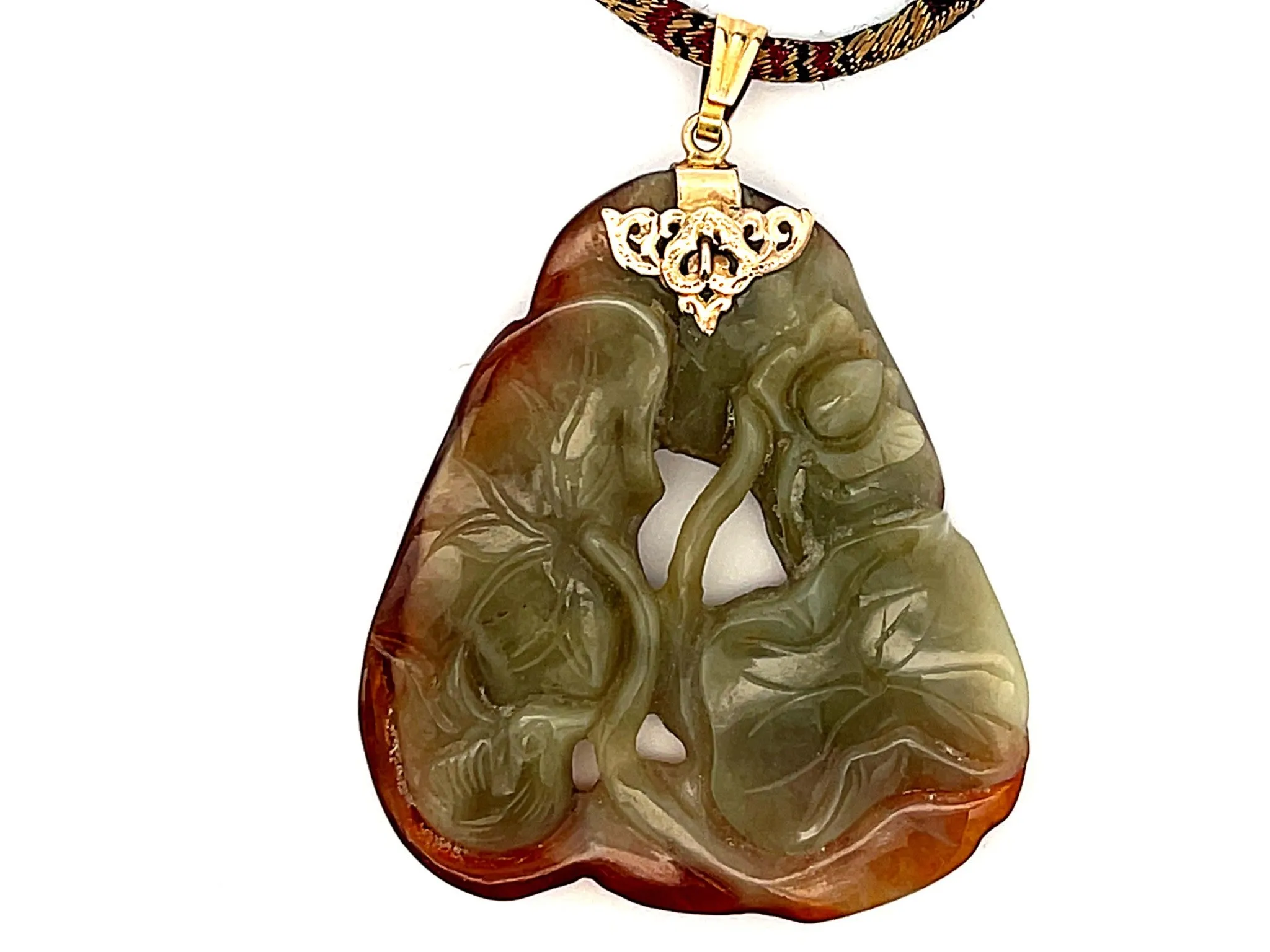 Rare Mings Carved Nephrite Jade Pendant and Cord in 14k Yellow Gold