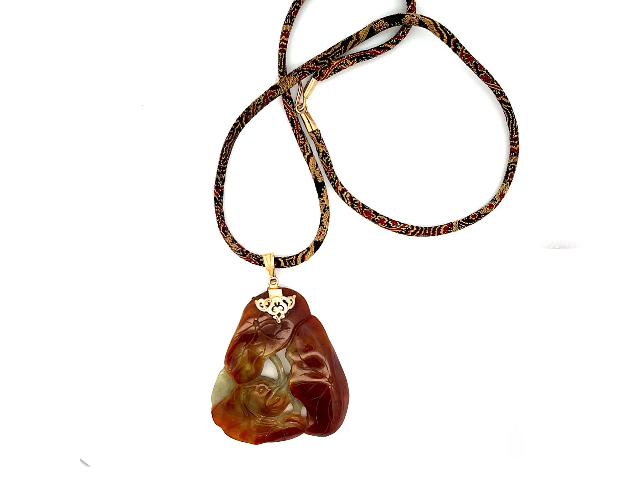 Rare Mings Carved Nephrite Jade Pendant and Cord in 14k Yellow Gold