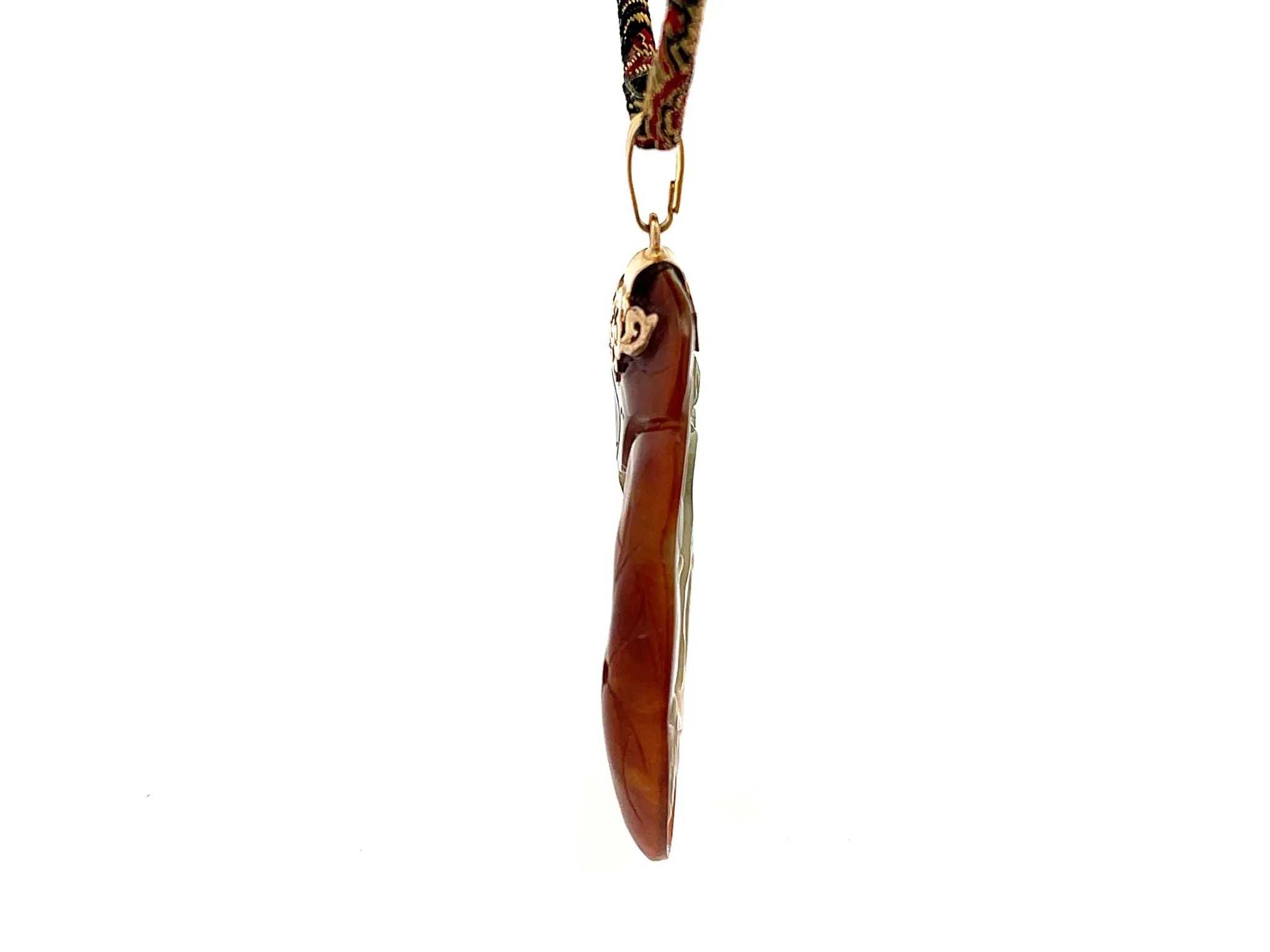 Rare Mings Carved Nephrite Jade Pendant and Cord in 14k Yellow Gold