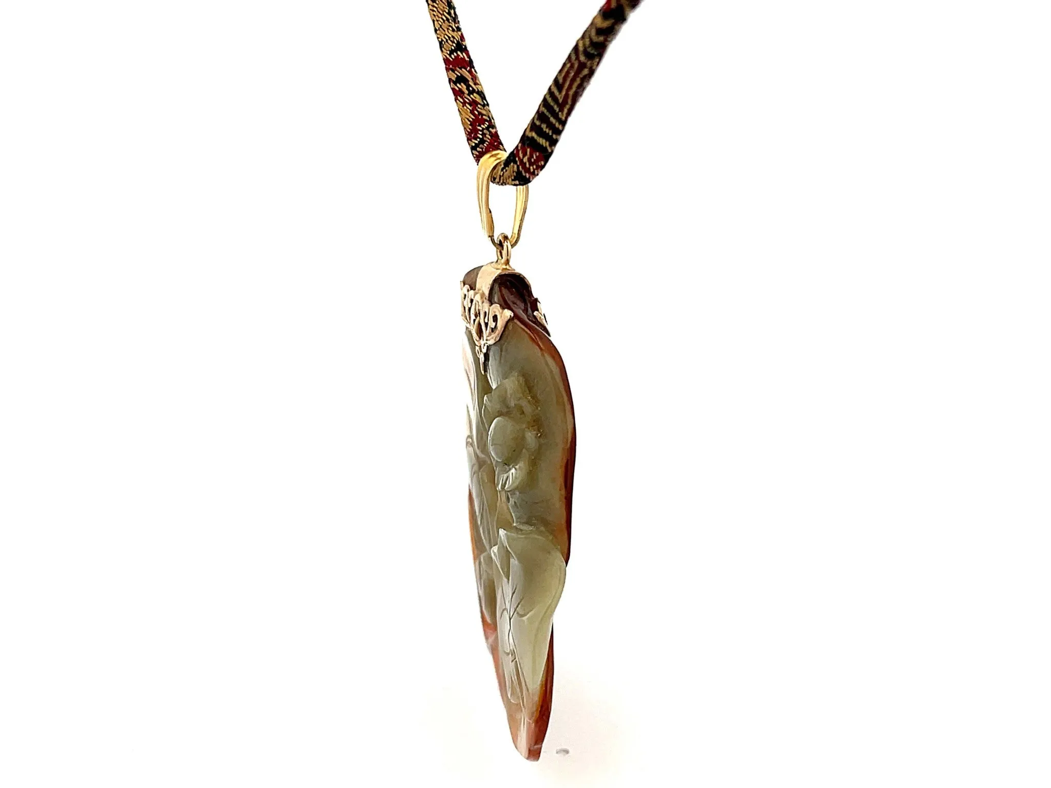 Rare Mings Carved Nephrite Jade Pendant and Cord in 14k Yellow Gold