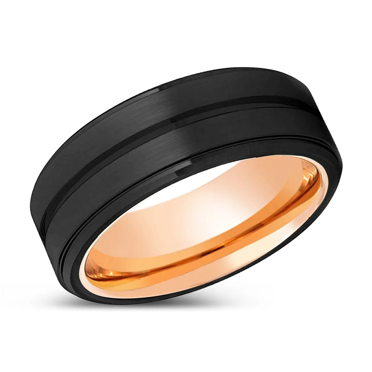 RAZORBLADE | Rose Gold Ring, Black Tungsten Ring, Grooved, Stepped Edge