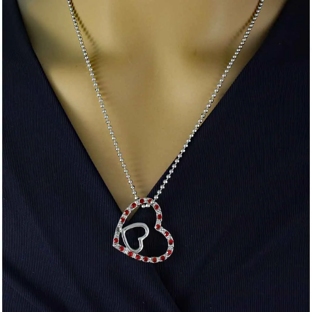 Red Crystal Double Heart Pendant on Silver Ball Chain - RSN649