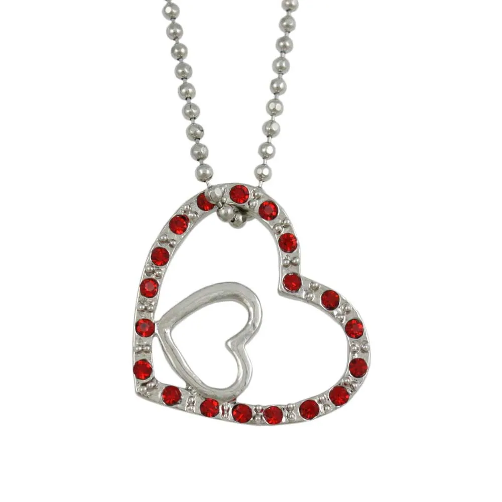 Red Crystal Double Heart Pendant on Silver Ball Chain - RSN649