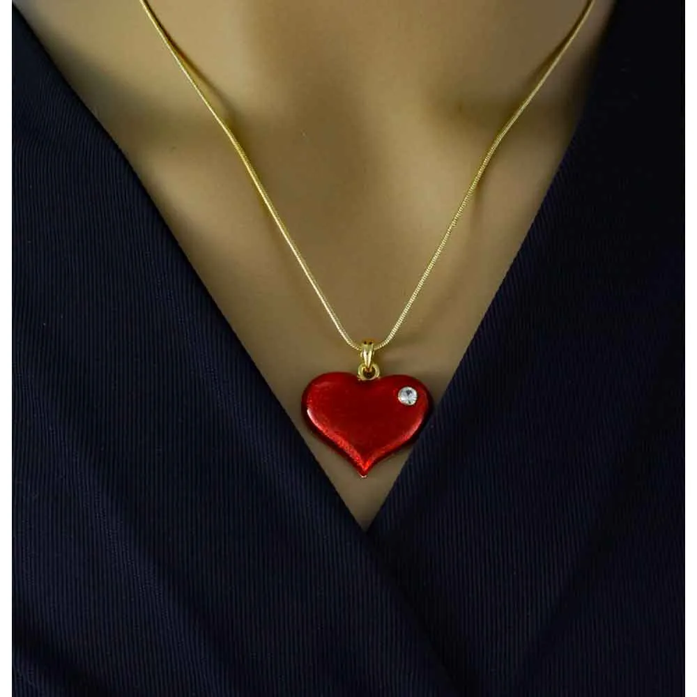 Red Enamel and Crystal Heart Pendant with Chain - PT330