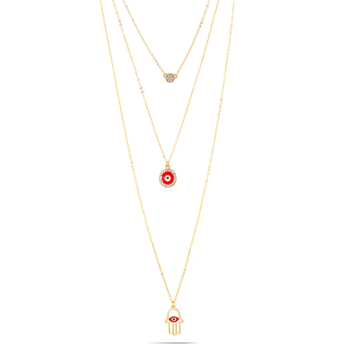 RED EVIL EYE CHARMS THREE LAYERS  NECKLACES #SWR-CP2384RED