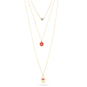 RED EVIL EYE CHARMS THREE LAYERS  NECKLACES #SWR-CP2384RED
