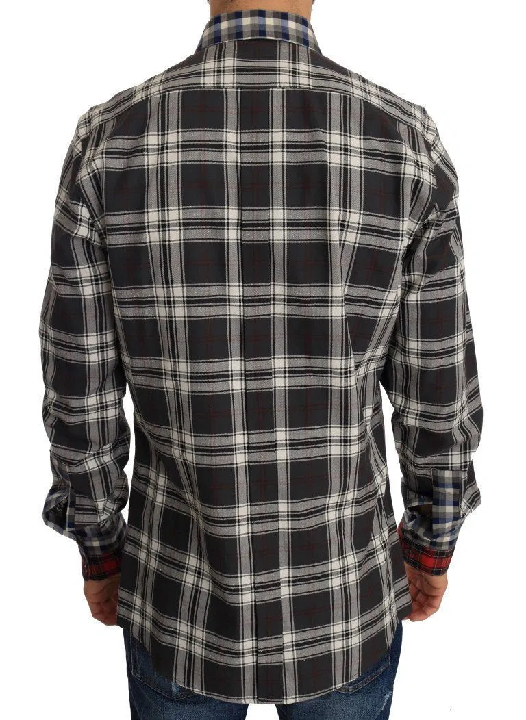 Red Gray Check Cotton Slim Fit Shirt