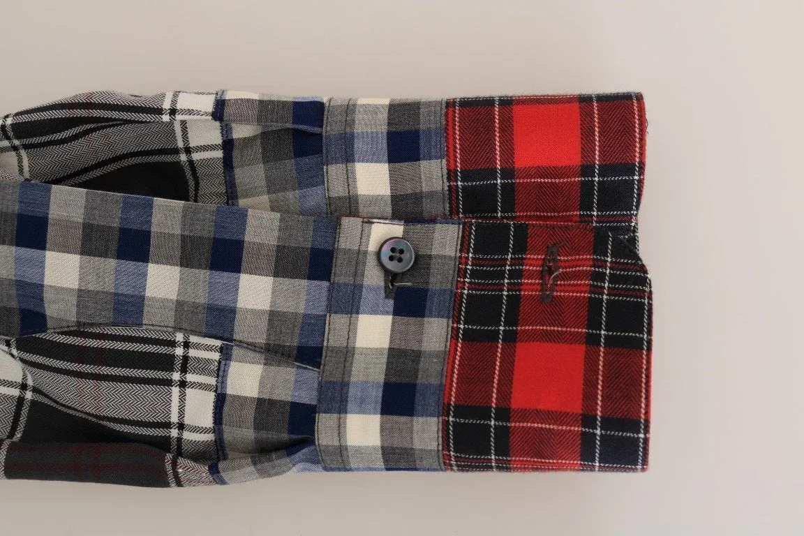 Red Gray Check Cotton Slim Fit Shirt