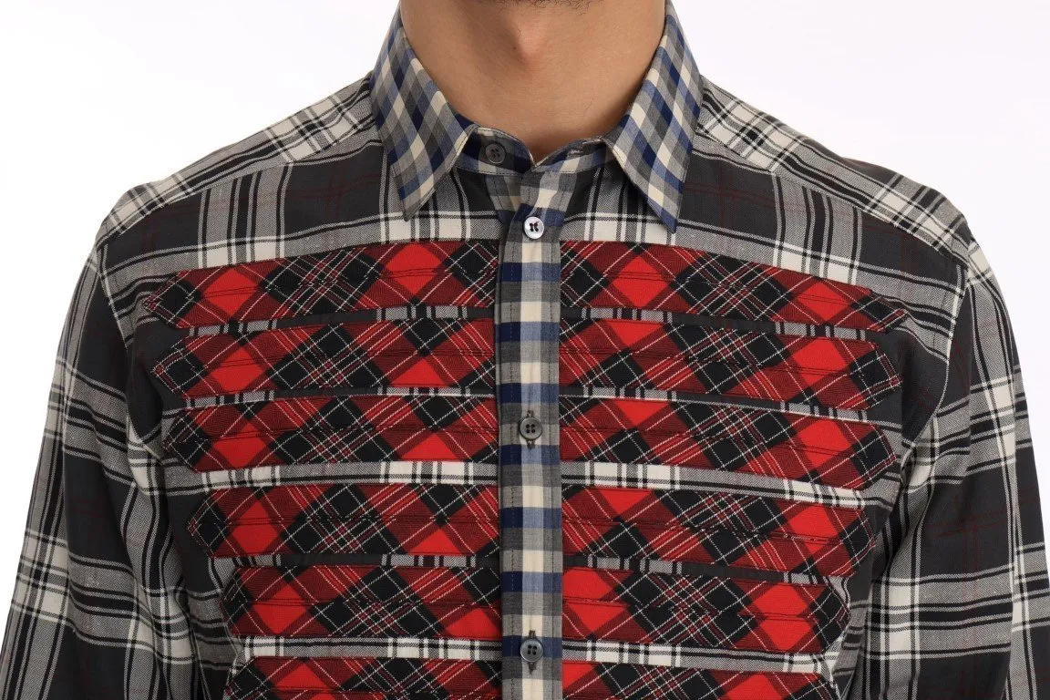Red Gray Check Cotton Slim Fit Shirt