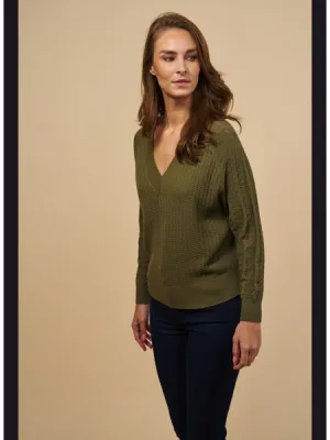 Red Haute V-Neck Pointelle Pullover in Army