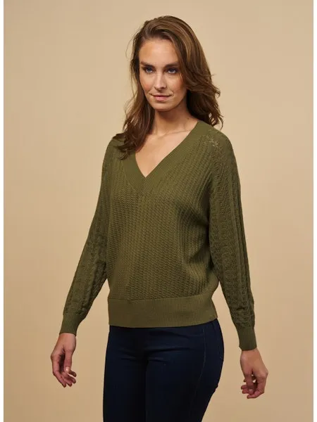Red Haute V-Neck Pointelle Pullover in Army