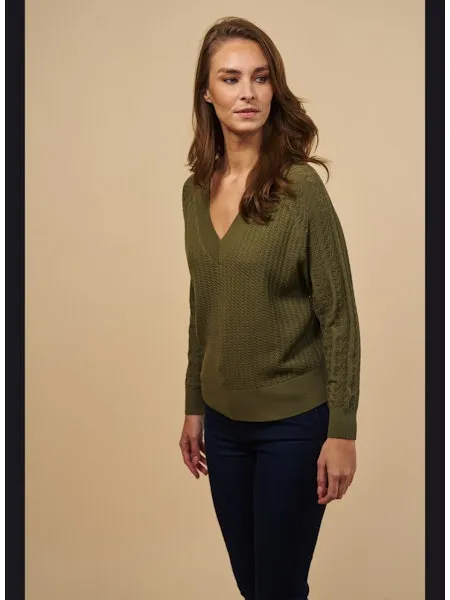 Red Haute V-Neck Pointelle Pullover in Army