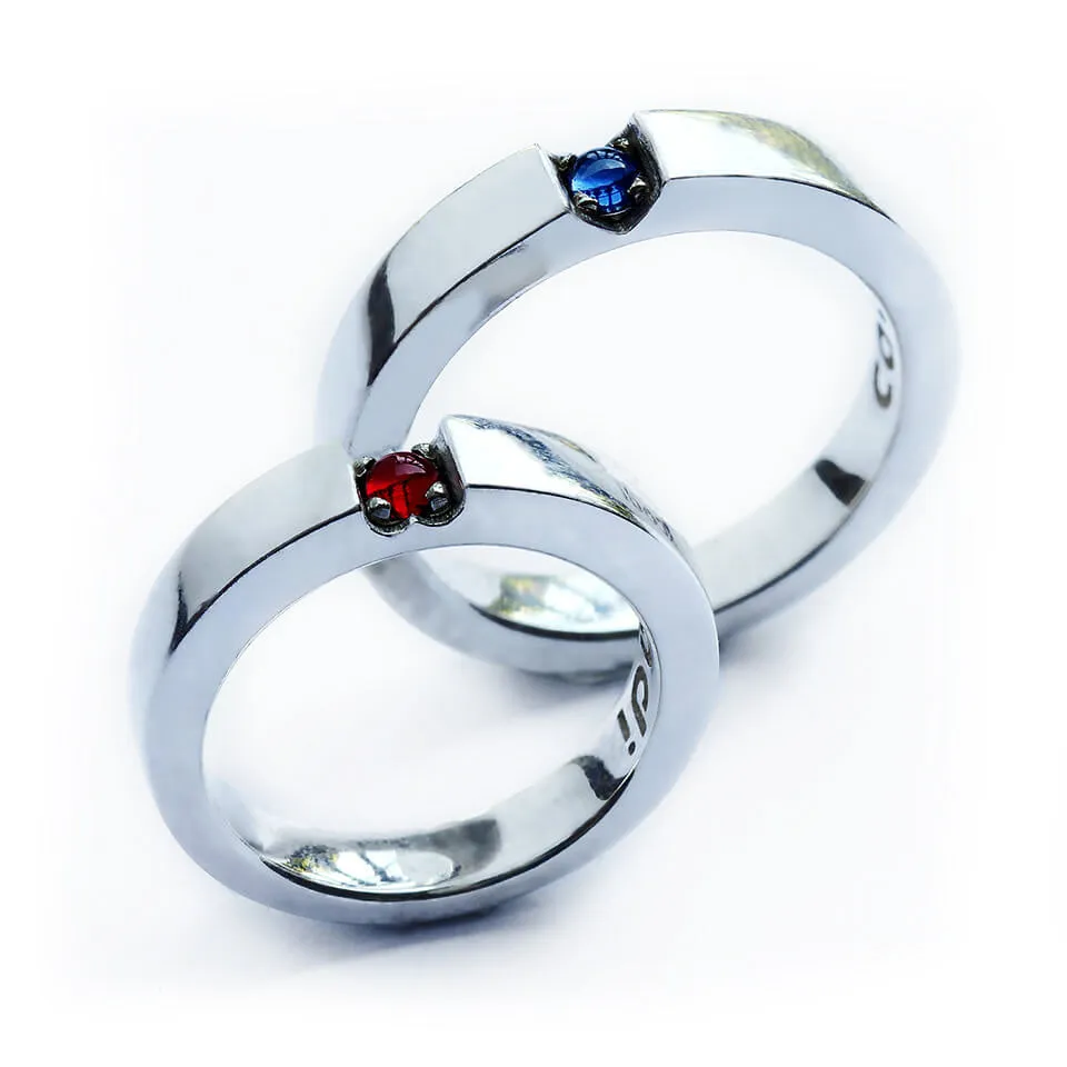 Red Ruby and blue Sapphire promise ring set