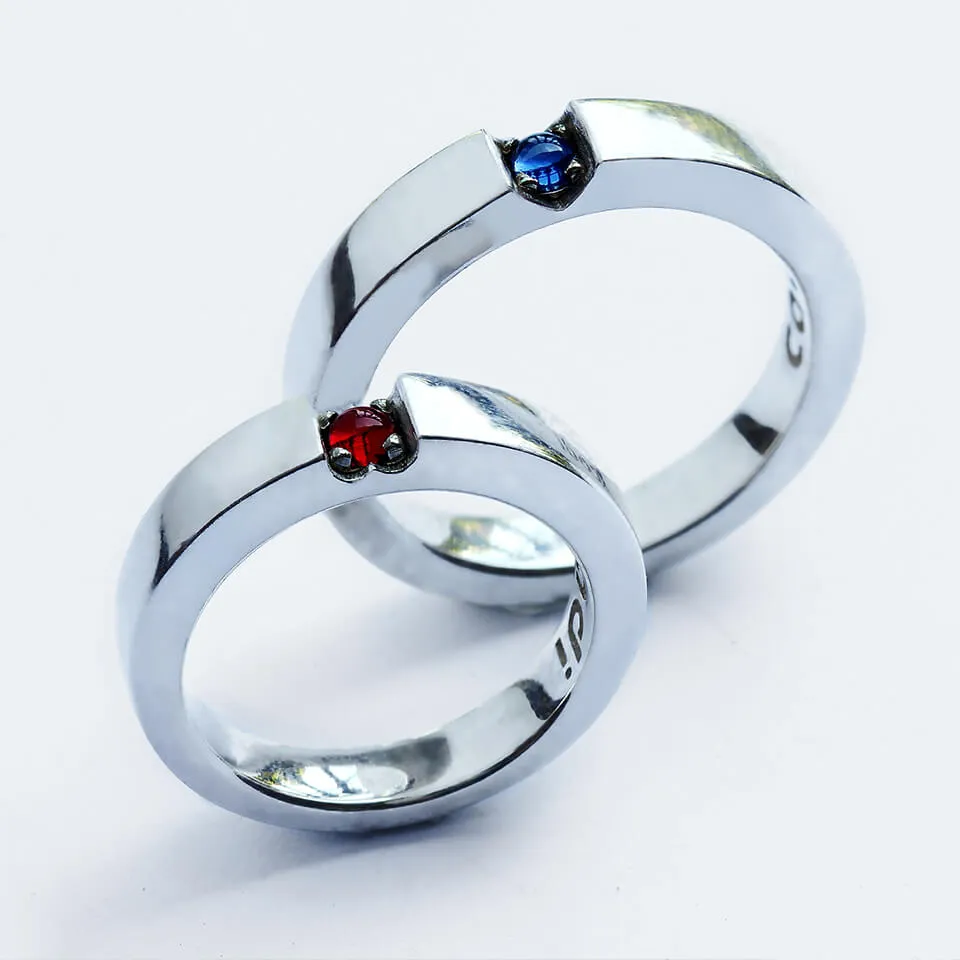 Red Ruby and blue Sapphire promise ring set