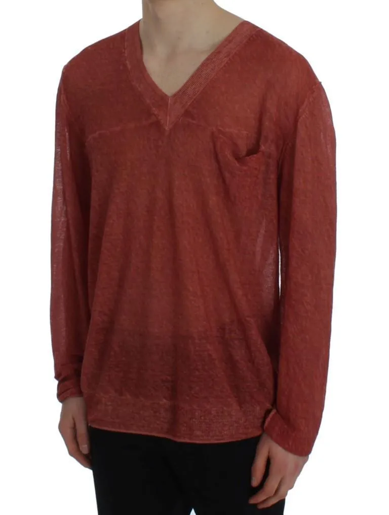 Red V-neck Pullover Linen Sweater