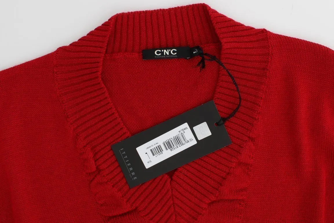 Red V-neck wool sweater