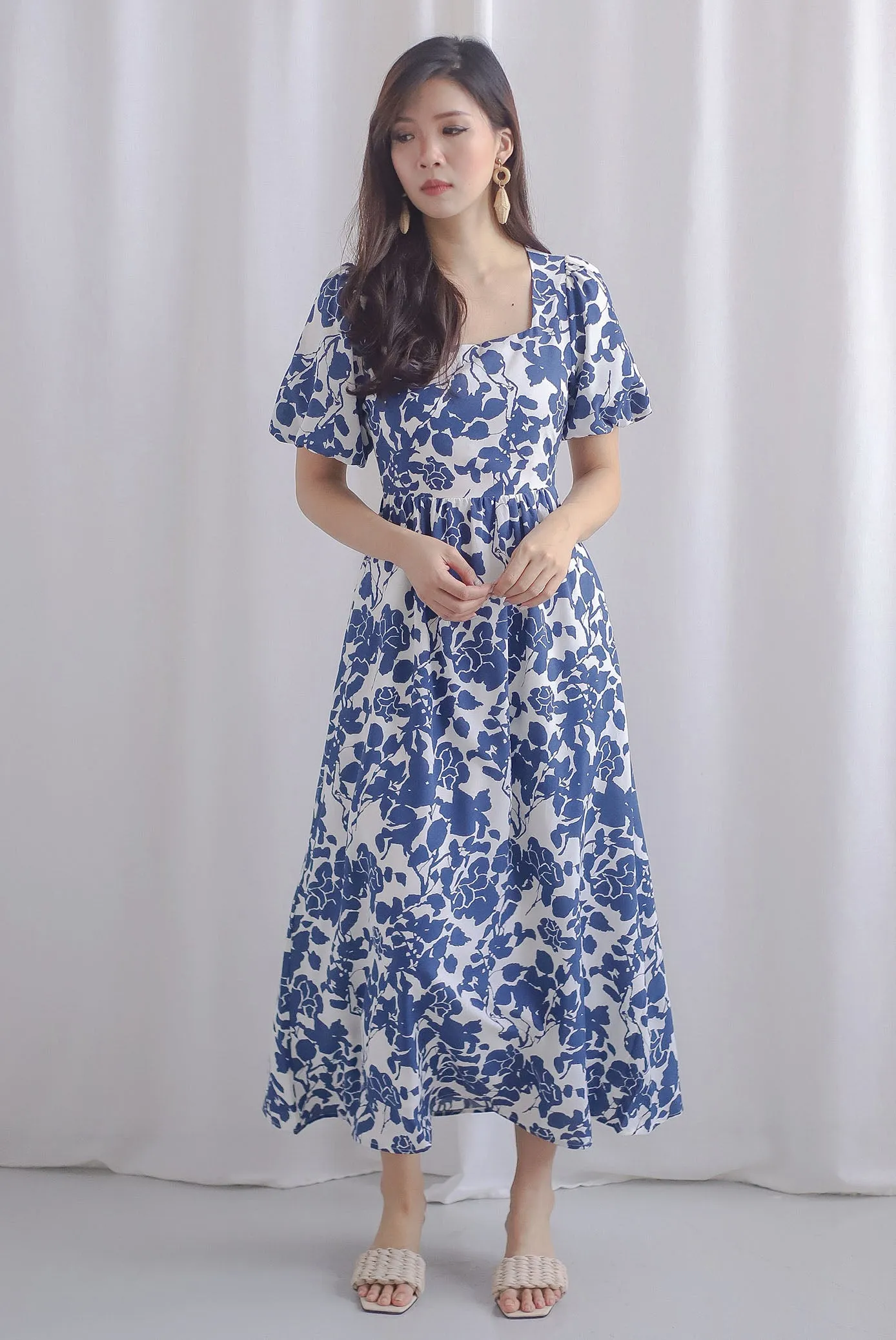 *Restocked* Bayleigh Puffy Sleeve Square Neckline Tie Back Dress In Blue