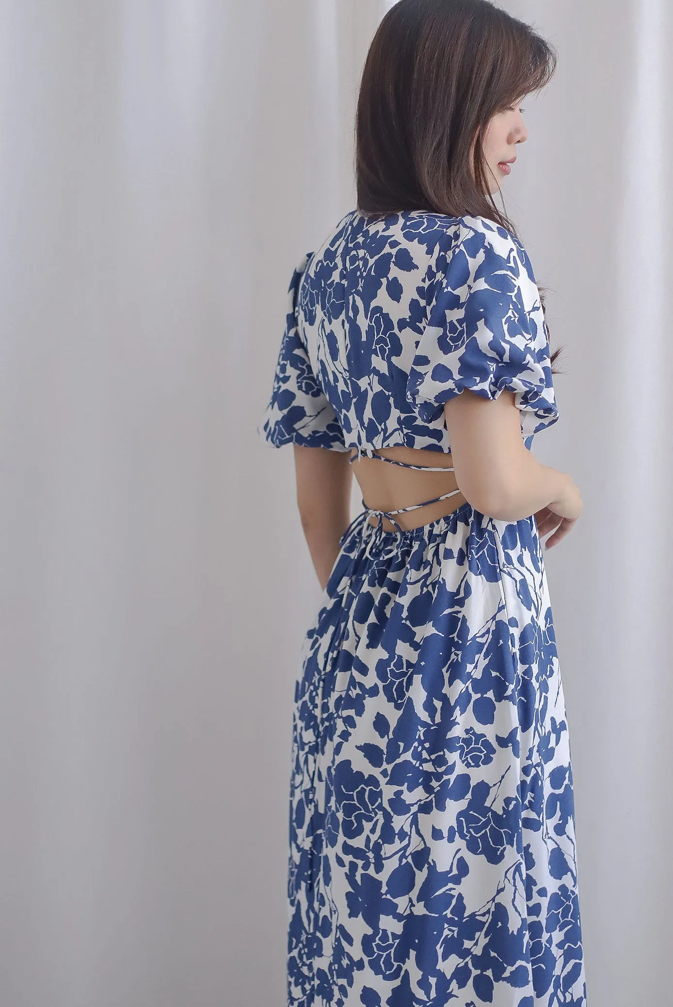 *Restocked* Bayleigh Puffy Sleeve Square Neckline Tie Back Dress In Blue