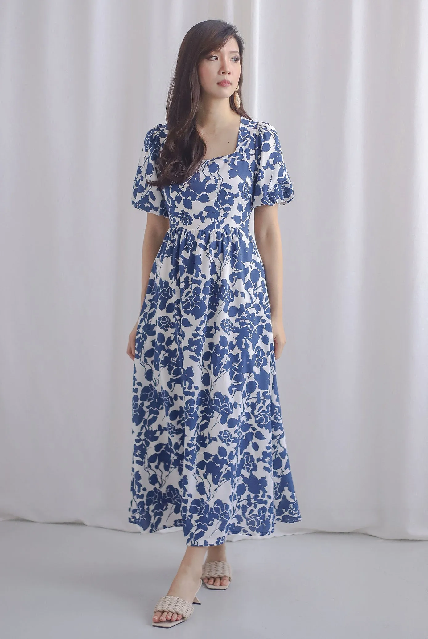*Restocked* Bayleigh Puffy Sleeve Square Neckline Tie Back Dress In Blue