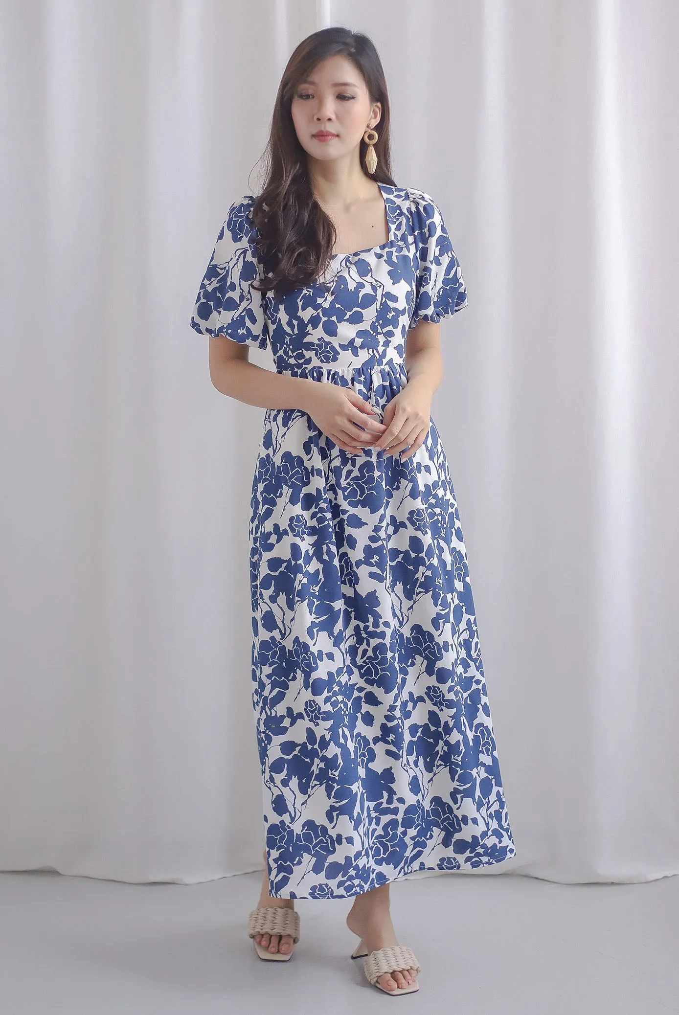 *Restocked* Bayleigh Puffy Sleeve Square Neckline Tie Back Dress In Blue