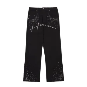 Rhinestone Wide Leg Pants -Black