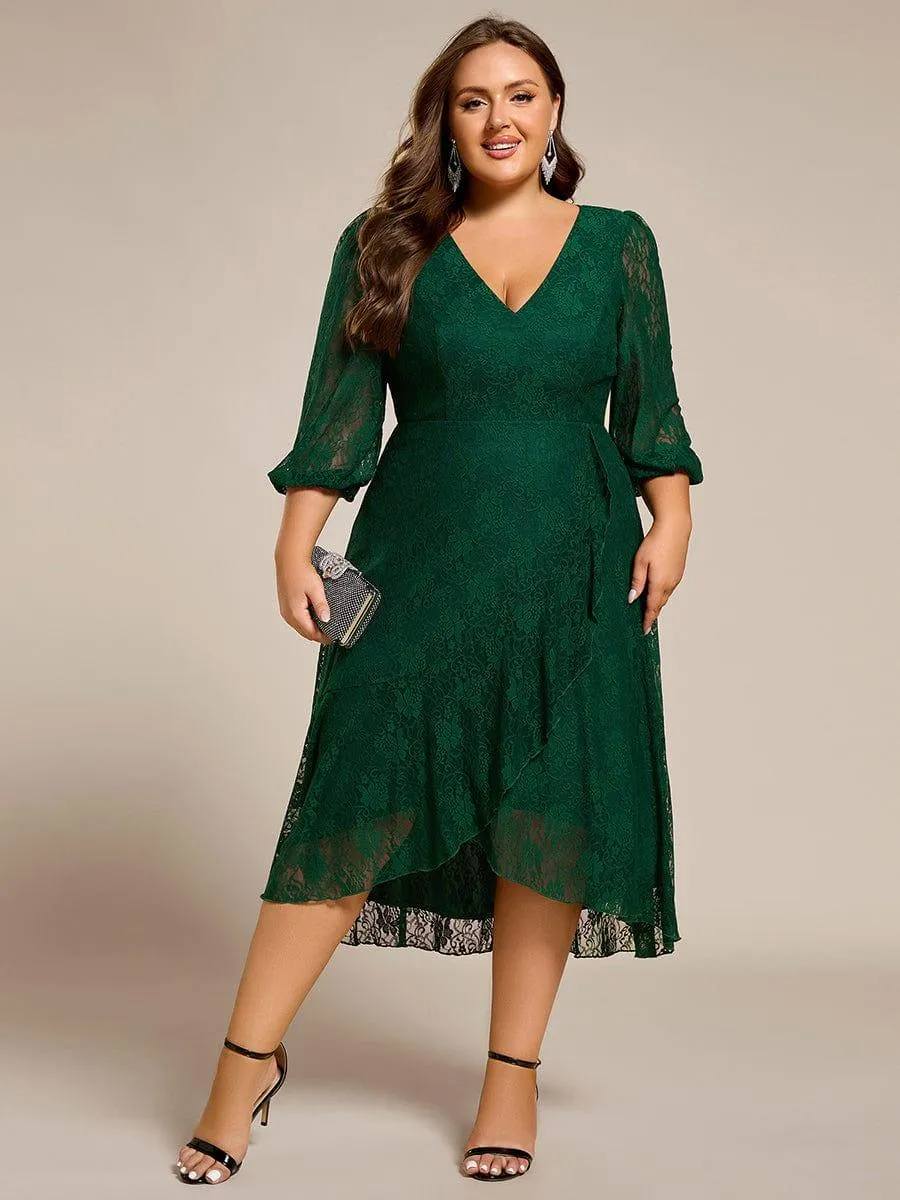Robe d'invité de mariage à manches longues et col en V en dentelle de grande taille