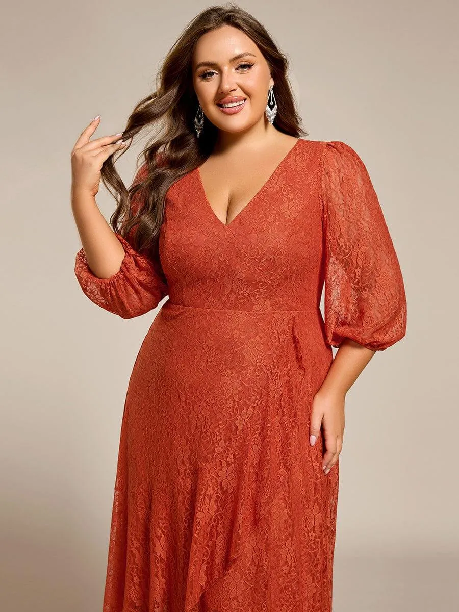 Robe d'invité de mariage à manches longues et col en V en dentelle de grande taille