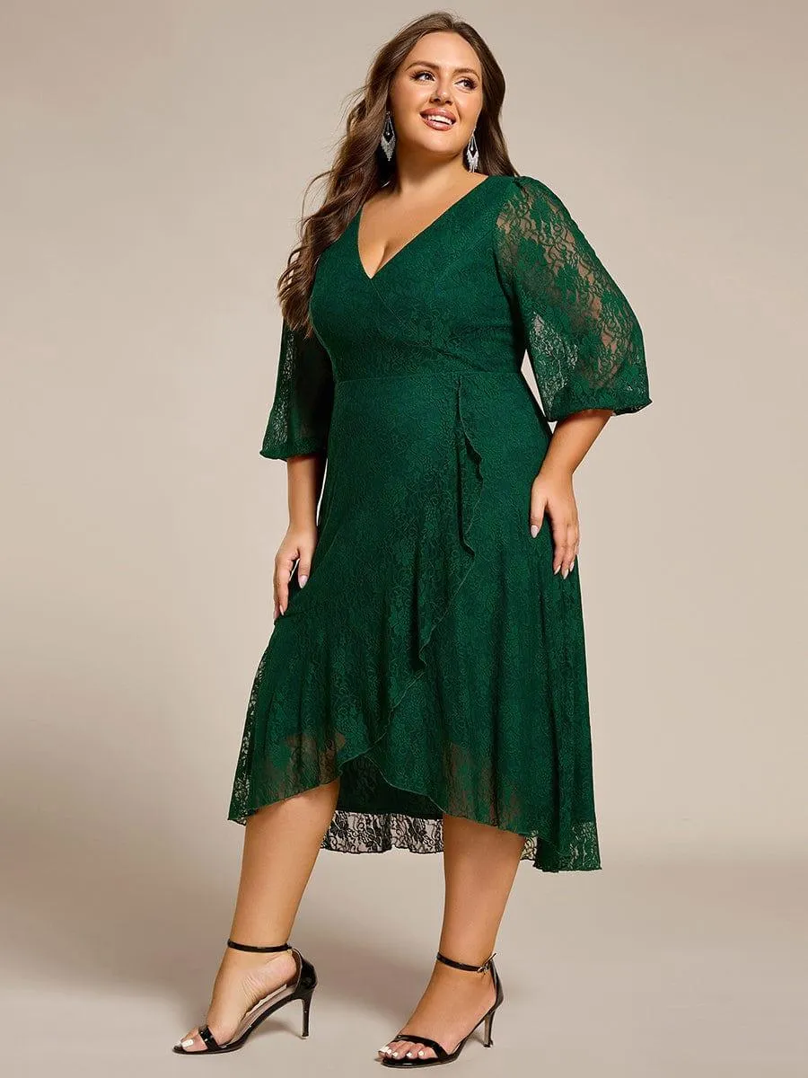 Robe d'invité de mariage à manches longues et col en V en dentelle de grande taille