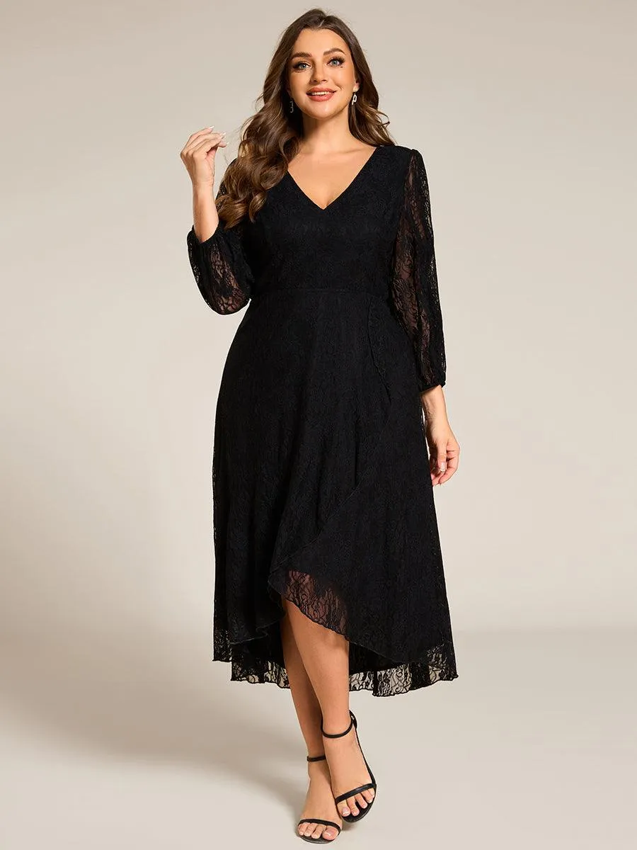 Robe d'invité de mariage à manches longues et col en V en dentelle de grande taille