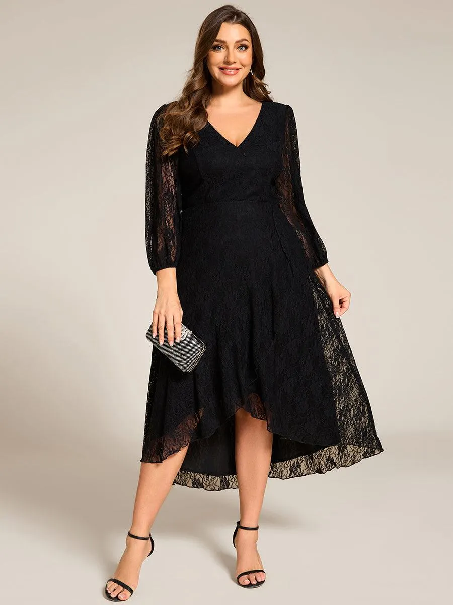Robe d'invité de mariage à manches longues et col en V en dentelle de grande taille