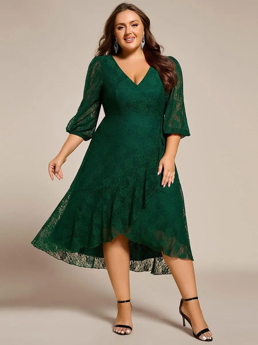 Robe d'invité de mariage à manches longues et col en V en dentelle de grande taille