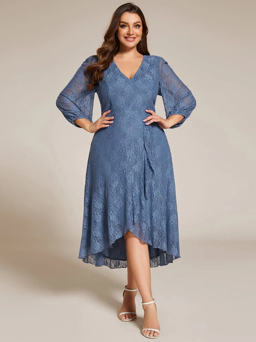 Robe d'invité de mariage à manches longues et col en V en dentelle de grande taille