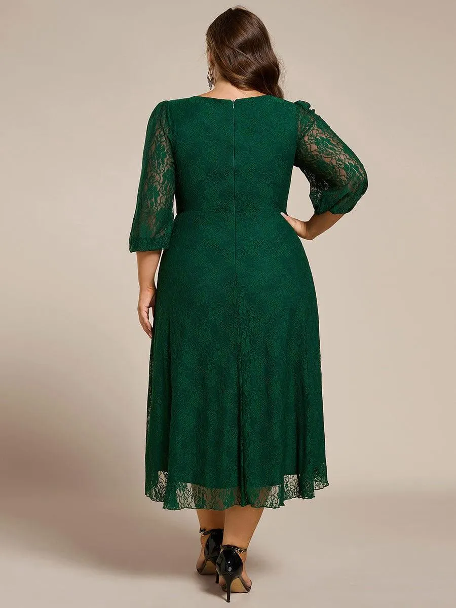 Robe d'invité de mariage à manches longues et col en V en dentelle de grande taille